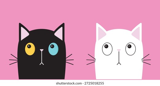Katzenset. Weißes schwarzes Kätzchen Kätzchen Gesicht Kopf Symbol. Linienbanner. Lustiges Kawaii-Doodle-Tier. Nette Cartoon lustige Baby-Charakter. Haustiersammlung. Flaches Design. rosafarbener Hintergrund Einzeln. Vektorgrafik