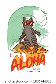 Cat in shades surfing wave on a pizza slice. Summer vibe aloha t-shirt print with a wave and palm-trees.