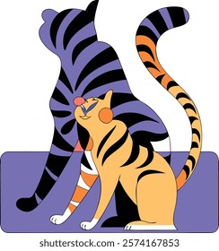 Cat with shadow forming a tiger in modern flat illustration, perfect for creative designs