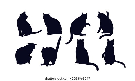 Cat shadows set. Silhouettes of kittens in various positions. Cheerful pets stretching. Fauna and wildlife. Purebred cats. Flat vector collection isolated on white background