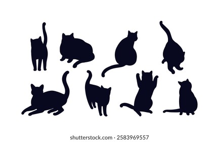 Cat shadows set. Silhouettes of kittens in various positions. Domestic animals lying. Cute fluffy pets stickers. Flat vector collection isolated on white background
