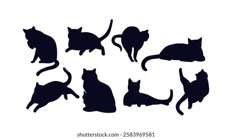 Cat shadows set. Silhouettes of kittens in various positions. Active domestic animals stretching. Cute fluffy pets stickers. Flat vector collection isolated on white background