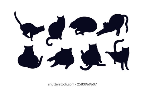 Cat shadows set. Silhouettes of kittens in various positions. Lazy and cute domestic animals. Fauna and wildlife. Adorable mammals. Flat vector collection isolated on white background