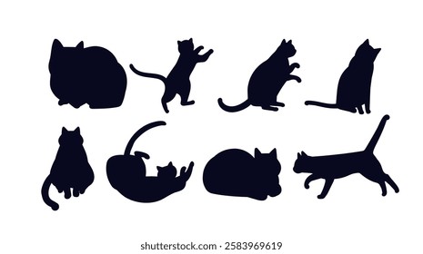 Cat shadows set. Silhouettes of kittens in various positions. Domestic animals and pets. Graphic elements for website. Flat vector collection isolated on white background