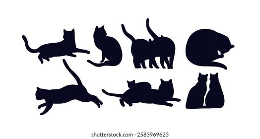 Cat shadows set. Silhouettes of kittens. Domestic animals and pets lying, running and stretching. Design Elements for Stickers. Flat vector collection isolated on white background