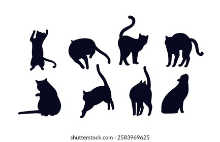 Cat shadows set. Silhouettes of kittens in various positions. Domestic animals walking and washing. Graphic element for website. Flat vector collection isolated on white background