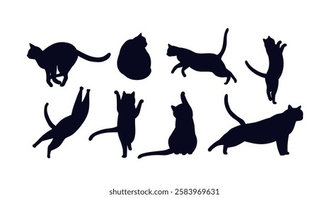 Cat shadows set. Silhouettes of kittens in various positions. Domestic animals and pets stretching and jumping. Social media stickers. Flat vector collection isolated on white background