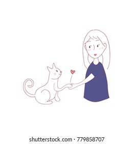 Katze schüttelt Hand mit Mädchen. Vektorgrafik. einzeln auf weißem Hintergrund.