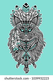 cat shaman with Indian feather headdress