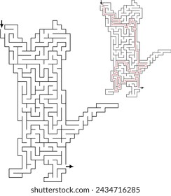 Cat shape maze for Kids. with entry and exit and solution - red passing route. Logic game for brain training isolated on white background.