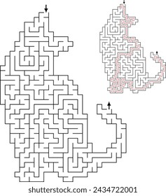 Cat shape maze for Kids. with entry and exit and solution - red passing route. Logic game for brain training isolated on white background.