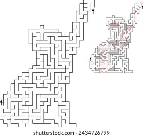 Cat shape maze for Kids. with entry and exit and solution - red passing route. Logic game for brain training isolated on white background.