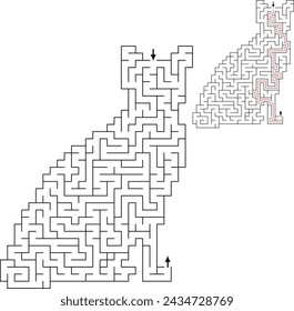 Laberinto de forma de gato para niños. con entrada y salida y solución - ruta de paso roja. Juego de lógica para entrenamiento cerebral aislado sobre fondo blanco.