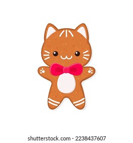 Cat shaped gingerbread cookie decorated with icing. Homemade sweets. Flat vector illustration isolated on white background. Useful for holidays greeting card, invitation and other design 