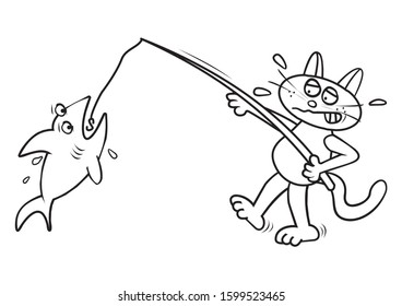 Cat and shark, funny black and white illustration, contour drawing, eps.