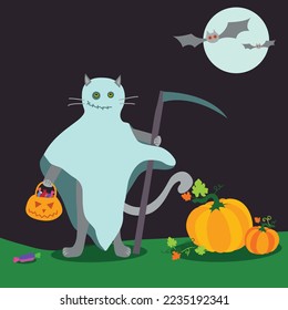 
a cat with a sharp scythe in a ghost costume walks at night collecting sweets