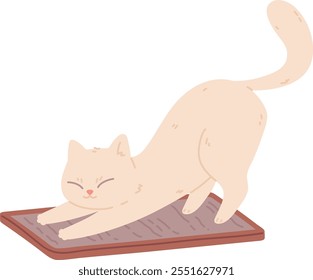 Cat sharpening claws. Cute white pet character isolated on white background