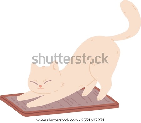 Cat sharpening claws. Cute white pet character isolated on white background