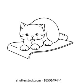 The cat sharpens its claws on the scratching post. Vector outline icon.
