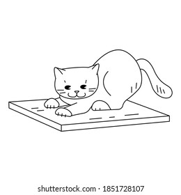 The cat sharpens its claws on the scratching post. Vector outline icon.