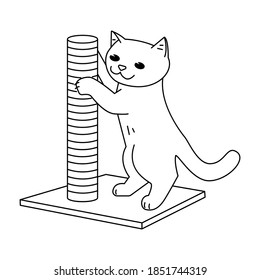The cat sharpens its claws on the scratching post. Vector outline icon.