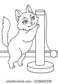 The cat sharpens its claws on the scratching post. Vector coloring.