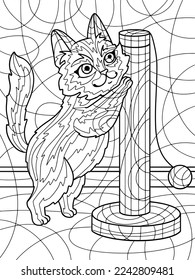 The cat sharpens its claws on the scratching post. Antistress for children and adults. Illustration on white background. Zen-tangle style.
