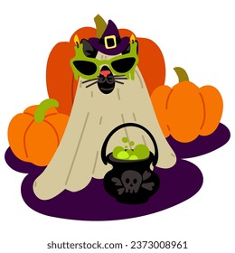 Cat in a sheet for Halloween with witch elements on a pumpkin background. A witch's hat and a cauldron with a potion, glasses burning candles. Flat vector illustration on white. Costume cat, glasses