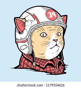 a cat in a shirt and wearing a racer's helmet. editable layers vector