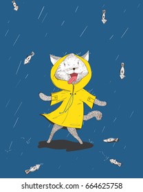 The cat is shocked to see the rain falling with fish falling from the sky.The cat is happy to see the fish.Doodle art concept,illustration painting
