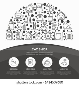 Cat shop concept in half circle with thin line icons: bags for transportation, hygiene, collars, doors, toys, feeders, scratchers, litter, shack, training. Modern vector illustration for print media.