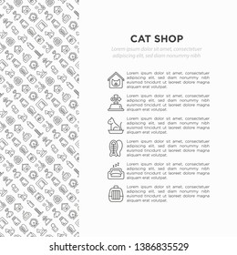 Cat shop concept with thin line icons: bags for transportation, hygiene, collars, doors, toys, feeders, scratchers, litter, shack, training. Modern vector illustration for print media, banner.