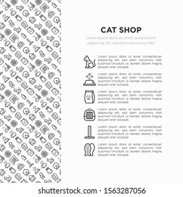 Cat shop concept with thin line icons: bags for transportation, hygiene, collars, doors, toys, feeders, scratchers, litter, shack, training. Modern vector illustration, template with copy space.