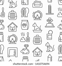 Cat Shop Seamless Pattern With Thin Line Icons: Bags For Transportation, Hygiene, Collars, Doors, Toys, Feeders, Scratchers, Litter, Snack, Training. Modern Vector Illustration.