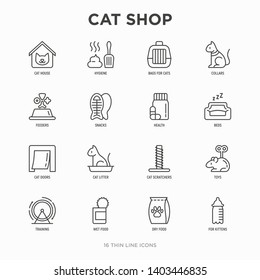 Cat shop thin line icons set: bags for transportation, hygiene, collars, doors, toys, feeders, scratchers, litter, shack, training. Modern vector illustration.