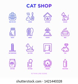 Cat shop thin line icons set: bags for transportation, hygiene, collars, doors, toys, feeders, scratchers, litter, shack, training. Modern vector illustration.