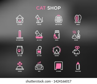 Cat shop thin line icons set: bags for transportation, hygiene, collars, doors, toys, feeders, scratchers, litter, shack, training. Modern vector illustration for black theme.