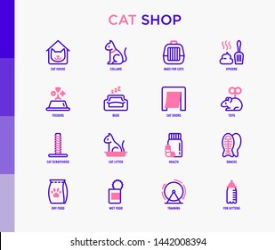 Cat Shop Thin Line Icons Set: Bags For Transportation, Hygiene, Collars, Doors, Toys, Feeders, Scratchers, Litter, Shack, Training. Modern Vector Illustration.