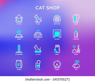 Cat shop thin line icons set: bags for transportation, hygiene, collars, doors, toys, feeders, scratchers, litter, shack, training. Modern vector illustration.