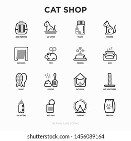 Cat shop thin line icons set: bags for transportation, hygiene, collars, doors, toys, feeders, scratchers, litter, shack, training. Modern vector illustration.
