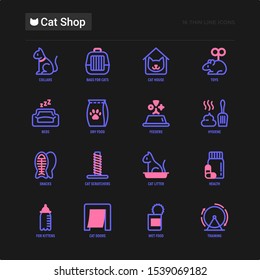 Cat shop thin line icons set: bags for transportation, hygiene, collars, doors, toys, feeders, scratchers, litter, shack, training. Modern vector illustration for black theme.