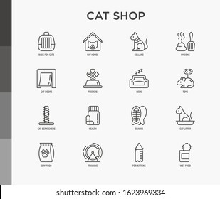 Cat Shop Thin Line Icons Set: Pet Transport Bag, Hygiene, Pet Collars, Doorway, Toys, Feeders, Scratchers, Cat Litter Box, Snack, Training. Modern Vector Illustration.