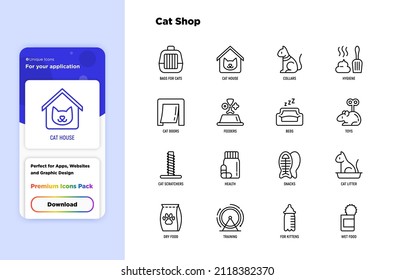 Cat Shop Thin Line Icons Set: Pet Transport Bag, Hygiene, Pet Collars, Doorway, Toys, Feeders, Scratchers, Cat Litter Box, Snack, Training. Modern Vector Illustration.