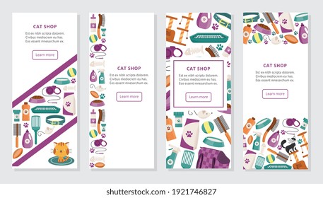 Cat shop vertical banners or posters set with colorful pets care accessories, flat vector illustration on white background. Pet care products store advert.