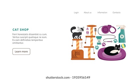Cat shop web banner with cat and care accessories, flat vector illustration.