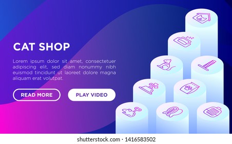 Cat shop web page template with thin line isometric icons: bags for transportation, hygiene, collars, doors, toys, feeders, scratchers, litter, shack, training. Vector illustration with place for text