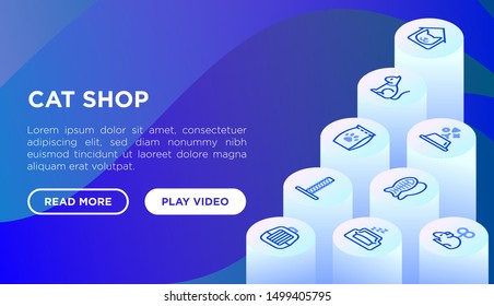 Cat shop web page template with thin line isometric icons: bags for transportation, hygiene, collars, doors, toys, feeders, scratchers, litter, shack, training. Modern vector illustration.