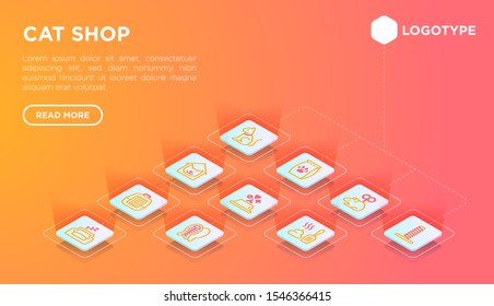 Cat shop web page template with thin line isometric icons: bags for transportation, hygiene, collars, doors, toys, feeders, scratchers, litter, shack, training. Modern vector illustration.
