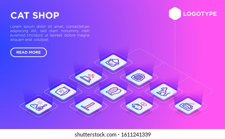 Cat shop web page template with thin line isometric icons: bags for transportation, hygiene, collars, doors, toys, feeders, scratchers, litter, shack, training. Modern vector illustration.