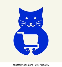 Cat Shopping Logo Negative Space Concept Vector Template. Cat Holding Shopping Cart Symbol